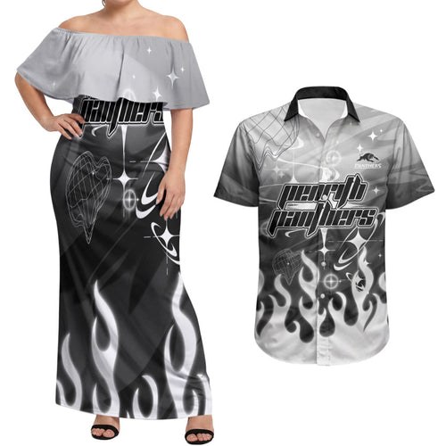 Personalized Penrith Panthers Couples Matching Off Shoulder Maxi Dress and Hawaiian Shirt Y2K Grunge Aesthetic With Cyber Flames and Starburst Graphics