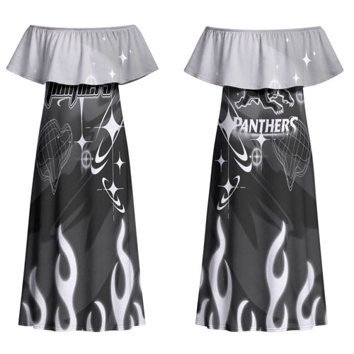 Personalized Penrith Panthers Couples Matching Off Shoulder Maxi Dress and Hawaiian Shirt Y2K Grunge Aesthetic With Cyber Flames and Starburst Graphics