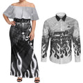 Personalized Penrith Panthers Couples Matching Off Shoulder Maxi Dress and Long Sleeve Button Shirt Y2K Grunge Aesthetic With Cyber Flames and Starburst Graphics