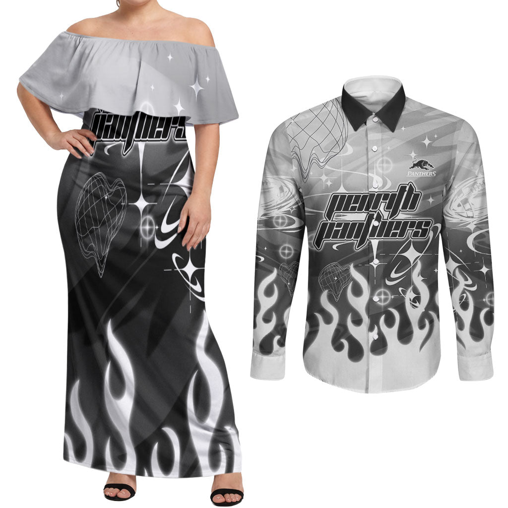 Personalized Penrith Panthers Couples Matching Off Shoulder Maxi Dress and Long Sleeve Button Shirt Y2K Grunge Aesthetic With Cyber Flames and Starburst Graphics