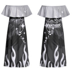 Personalized Penrith Panthers Couples Matching Off Shoulder Maxi Dress and Long Sleeve Button Shirt Y2K Grunge Aesthetic With Cyber Flames and Starburst Graphics