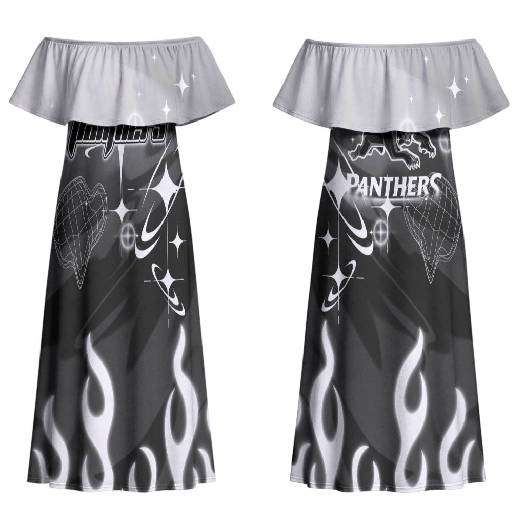 Personalized Penrith Panthers Couples Matching Off Shoulder Maxi Dress and Long Sleeve Button Shirt Y2K Grunge Aesthetic With Cyber Flames and Starburst Graphics