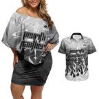 Personalized Penrith Panthers Couples Matching Off Shoulder Short Dress and Hawaiian Shirt Y2K Grunge Aesthetic With Cyber Flames and Starburst Graphics