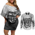 Personalized Penrith Panthers Couples Matching Off Shoulder Short Dress and Long Sleeve Button Shirt Y2K Grunge Aesthetic With Cyber Flames and Starburst Graphics