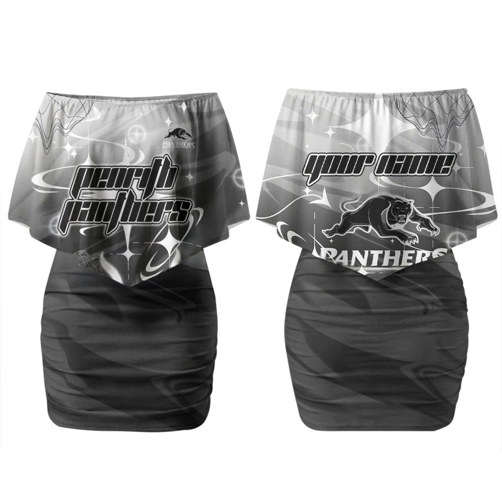 Personalized Penrith Panthers Couples Matching Off Shoulder Short Dress and Long Sleeve Button Shirt Y2K Grunge Aesthetic With Cyber Flames and Starburst Graphics