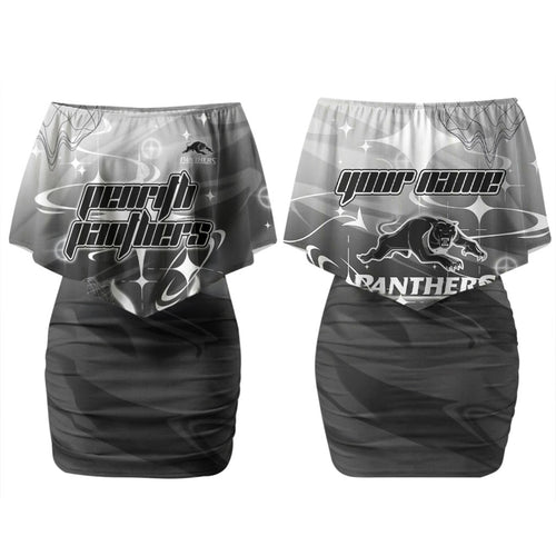 Personalized Penrith Panthers Couples Matching Off Shoulder Short Dress and Long Sleeve Button Shirt Y2K Grunge Aesthetic With Cyber Flames and Starburst Graphics