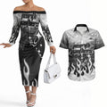 Personalized Penrith Panthers Couples Matching Off The Shoulder Long Sleeve Dress and Hawaiian Shirt Y2K Grunge Aesthetic With Cyber Flames and Starburst Graphics