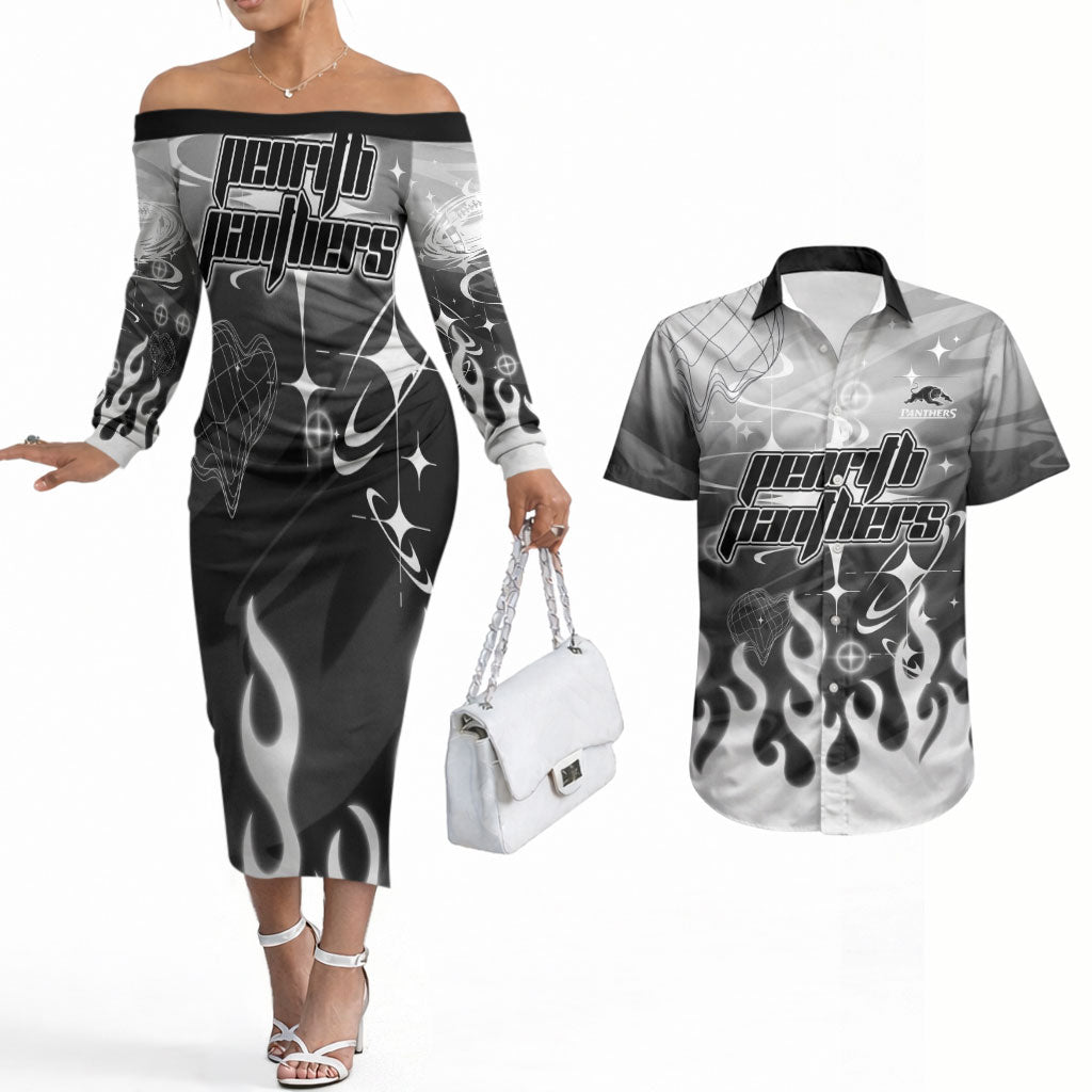 Personalized Penrith Panthers Couples Matching Off The Shoulder Long Sleeve Dress and Hawaiian Shirt Y2K Grunge Aesthetic With Cyber Flames and Starburst Graphics