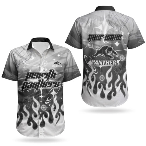 Personalized Penrith Panthers Couples Matching Off The Shoulder Long Sleeve Dress and Hawaiian Shirt Y2K Grunge Aesthetic With Cyber Flames and Starburst Graphics