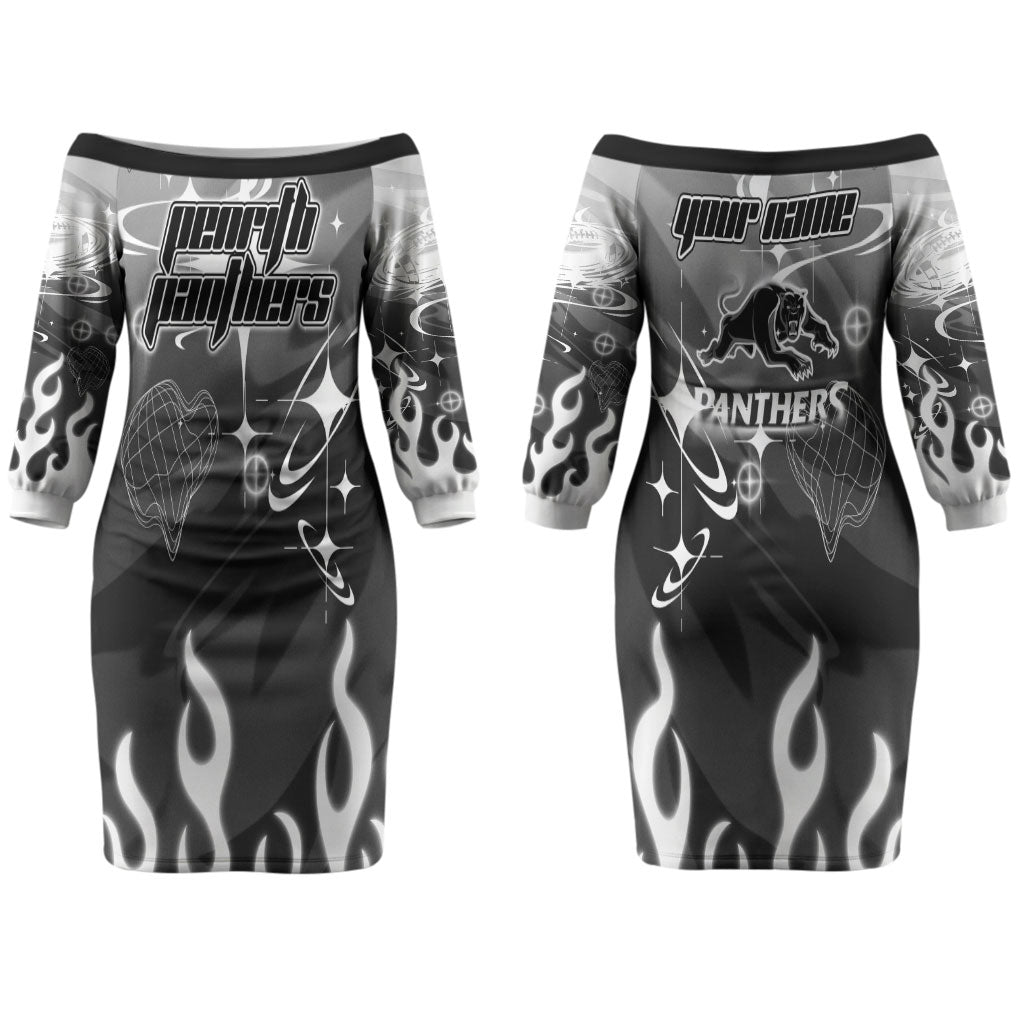 Personalized Penrith Panthers Couples Matching Off The Shoulder Long Sleeve Dress and Hawaiian Shirt Y2K Grunge Aesthetic With Cyber Flames and Starburst Graphics