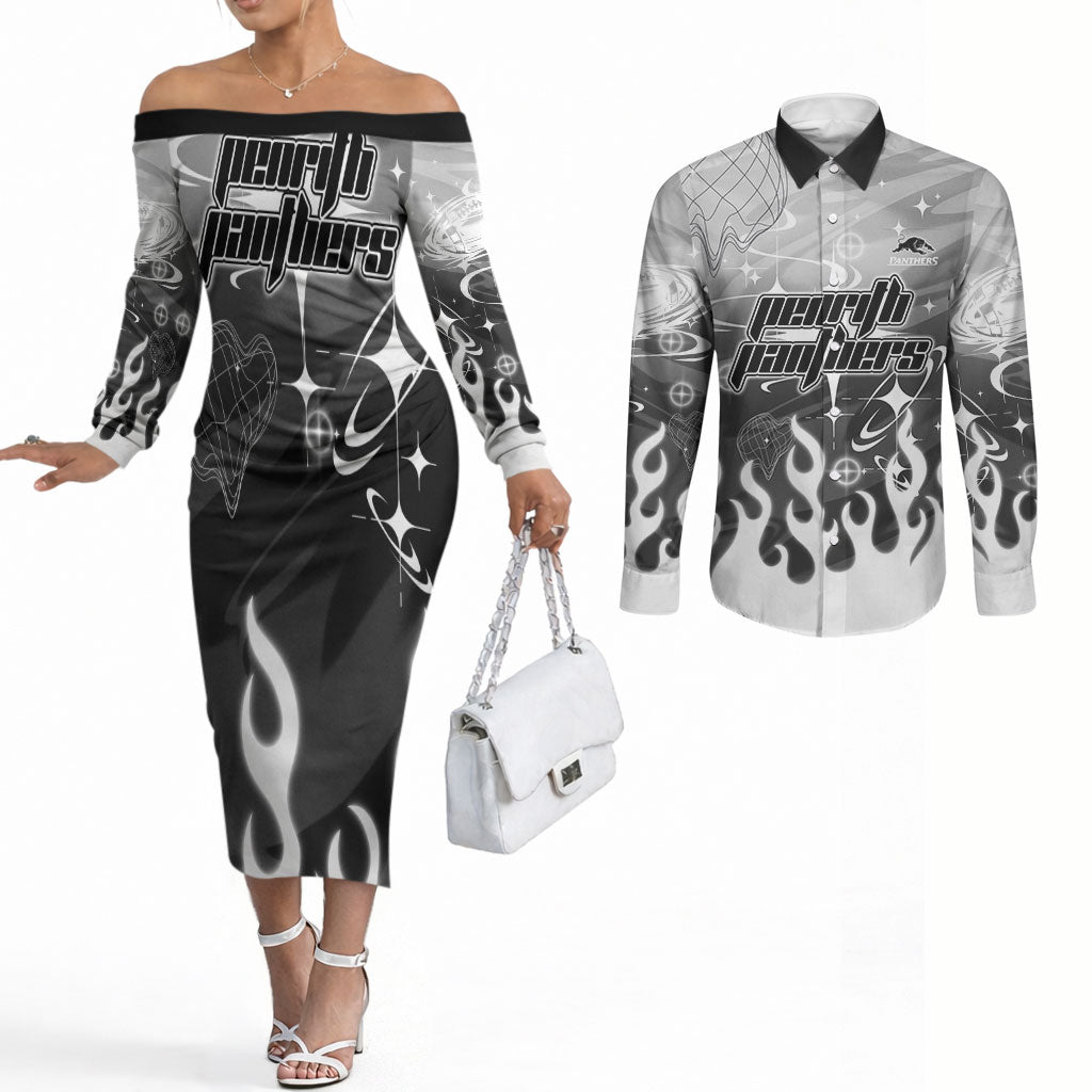 Personalized Penrith Panthers Couples Matching Off The Shoulder Long Sleeve Dress and Long Sleeve Button Shirt Y2K Grunge Aesthetic With Cyber Flames and Starburst Graphics