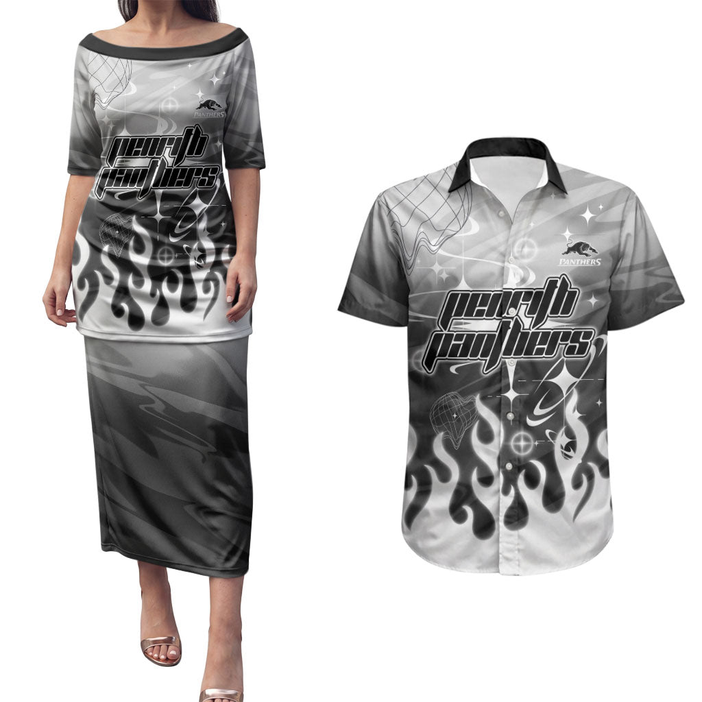 Personalized Penrith Panthers Couples Matching Puletasi and Hawaiian Shirt Y2K Grunge Aesthetic With Cyber Flames and Starburst Graphics