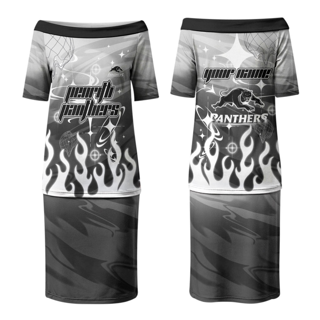Personalized Penrith Panthers Couples Matching Puletasi and Hawaiian Shirt Y2K Grunge Aesthetic With Cyber Flames and Starburst Graphics