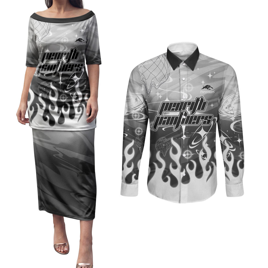 Personalized Penrith Panthers Couples Matching Puletasi and Long Sleeve Button Shirt Y2K Grunge Aesthetic With Cyber Flames and Starburst Graphics