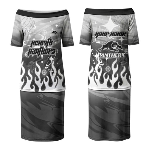 Personalized Penrith Panthers Couples Matching Puletasi and Long Sleeve Button Shirt Y2K Grunge Aesthetic With Cyber Flames and Starburst Graphics