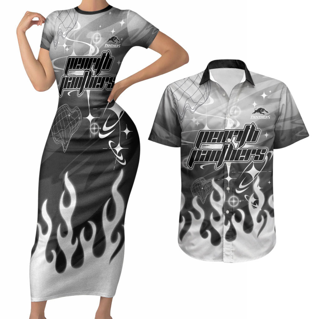 Personalized Penrith Panthers Couples Matching Short Sleeve Bodycon Dress and Hawaiian Shirt Y2K Grunge Aesthetic With Cyber Flames and Starburst Graphics
