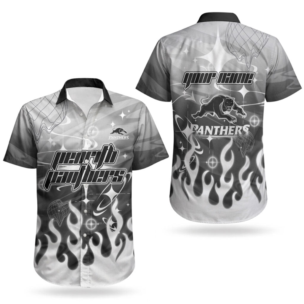 Personalized Penrith Panthers Couples Matching Short Sleeve Bodycon Dress and Hawaiian Shirt Y2K Grunge Aesthetic With Cyber Flames and Starburst Graphics