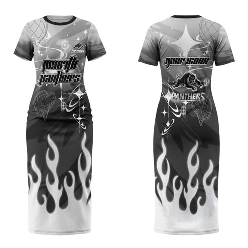 Personalized Penrith Panthers Couples Matching Short Sleeve Bodycon Dress and Hawaiian Shirt Y2K Grunge Aesthetic With Cyber Flames and Starburst Graphics