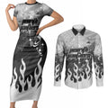 Personalized Penrith Panthers Couples Matching Short Sleeve Bodycon Dress and Long Sleeve Button Shirt Y2K Grunge Aesthetic With Cyber Flames and Starburst Graphics