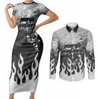 Personalized Penrith Panthers Couples Matching Short Sleeve Bodycon Dress and Long Sleeve Button Shirt Y2K Grunge Aesthetic With Cyber Flames and Starburst Graphics