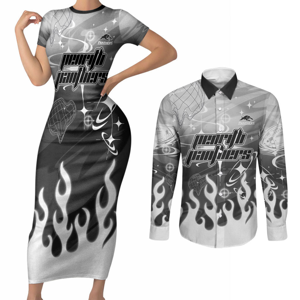 Personalized Penrith Panthers Couples Matching Short Sleeve Bodycon Dress and Long Sleeve Button Shirt Y2K Grunge Aesthetic With Cyber Flames and Starburst Graphics