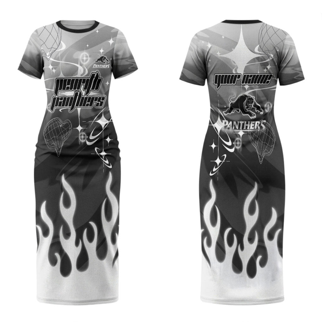 Personalized Penrith Panthers Couples Matching Short Sleeve Bodycon Dress and Long Sleeve Button Shirt Y2K Grunge Aesthetic With Cyber Flames and Starburst Graphics