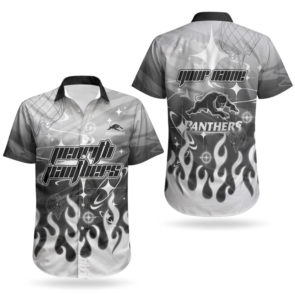 Personalized Penrith Panthers Couples Matching Summer Maxi Dress and Hawaiian Shirt Y2K Grunge Aesthetic With Cyber Flames and Starburst Graphics