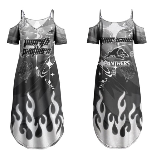 Personalized Penrith Panthers Couples Matching Summer Maxi Dress and Hawaiian Shirt Y2K Grunge Aesthetic With Cyber Flames and Starburst Graphics