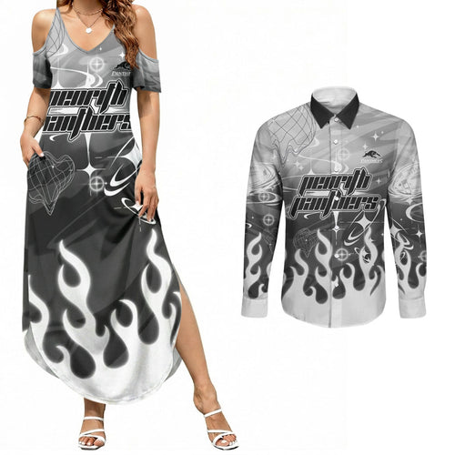Personalized Penrith Panthers Couples Matching Summer Maxi Dress and Long Sleeve Button Shirt Y2K Grunge Aesthetic With Cyber Flames and Starburst Graphics