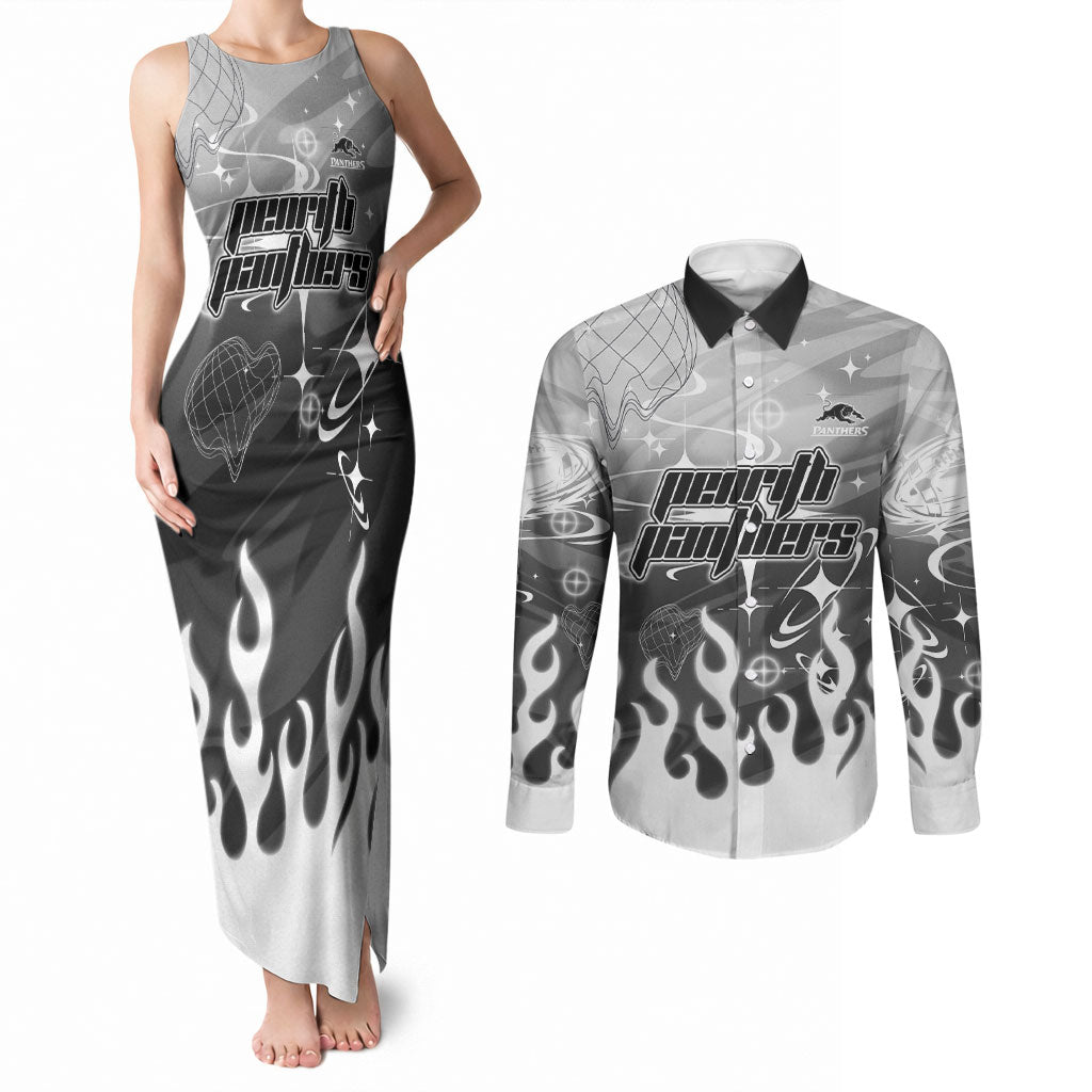Personalized Penrith Panthers Couples Matching Tank Maxi Dress and Long Sleeve Button Shirt Y2K Grunge Aesthetic With Cyber Flames and Starburst Graphics