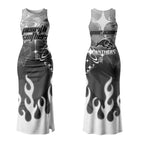 Personalized Penrith Panthers Couples Matching Tank Maxi Dress and Long Sleeve Button Shirt Y2K Grunge Aesthetic With Cyber Flames and Starburst Graphics