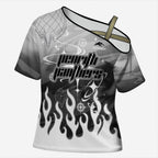 Personalized Penrith Panthers Cross Shoulder Shirt Y2K Grunge Aesthetic With Cyber Flames and Starburst Graphics
