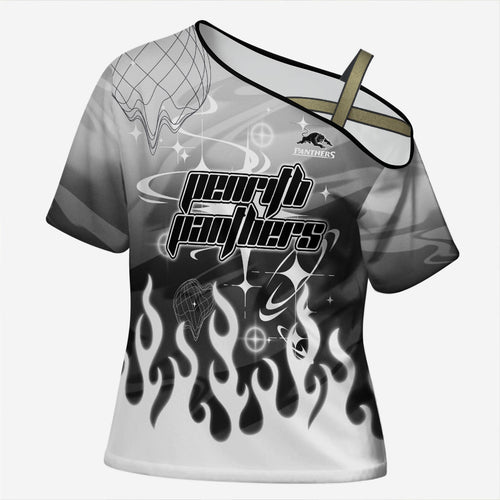 Personalized Penrith Panthers Cross Shoulder Shirt Y2K Grunge Aesthetic With Cyber Flames and Starburst Graphics