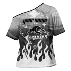 Personalized Penrith Panthers Cross Shoulder Shirt Y2K Grunge Aesthetic With Cyber Flames and Starburst Graphics