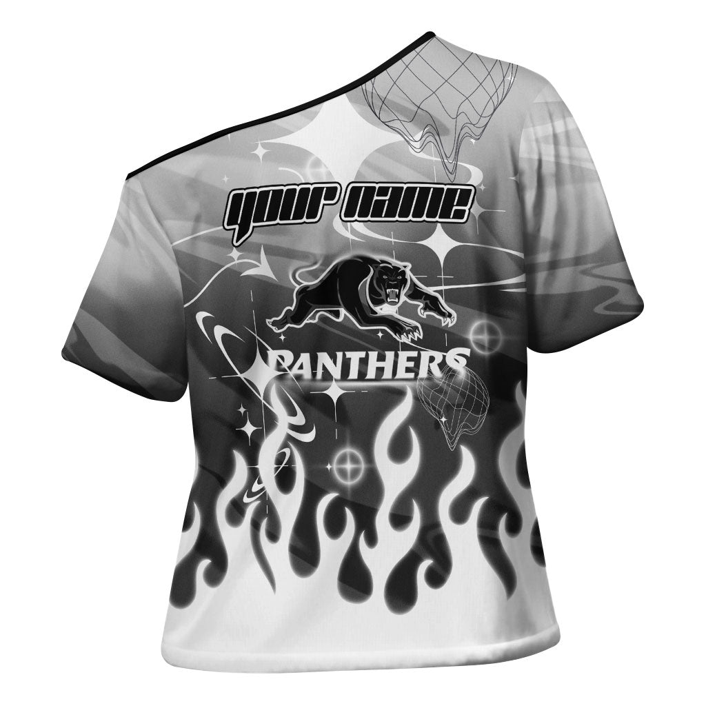 Personalized Penrith Panthers Cross Shoulder Shirt Y2K Grunge Aesthetic With Cyber Flames and Starburst Graphics