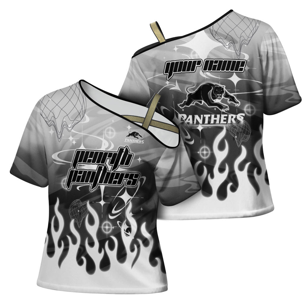 Personalized Penrith Panthers Cross Shoulder Shirt Y2K Grunge Aesthetic With Cyber Flames and Starburst Graphics