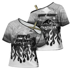 Personalized Penrith Panthers Cross Shoulder Shirt Y2K Grunge Aesthetic With Cyber Flames and Starburst Graphics