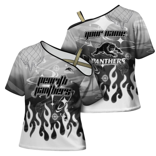 Personalized Penrith Panthers Cross Shoulder Shirt Y2K Grunge Aesthetic With Cyber Flames and Starburst Graphics