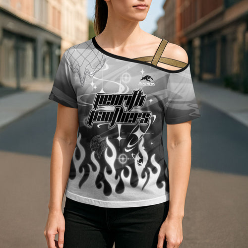 Personalized Penrith Panthers Cross Shoulder Shirt Y2K Grunge Aesthetic With Cyber Flames and Starburst Graphics