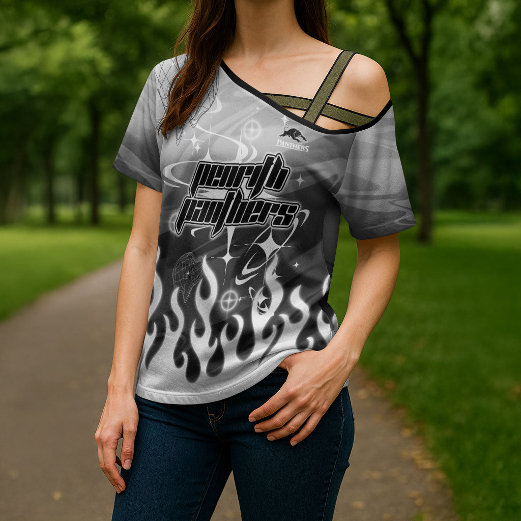 Personalized Penrith Panthers Cross Shoulder Shirt Y2K Grunge Aesthetic With Cyber Flames and Starburst Graphics