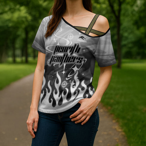 Personalized Penrith Panthers Cross Shoulder Shirt Y2K Grunge Aesthetic With Cyber Flames and Starburst Graphics