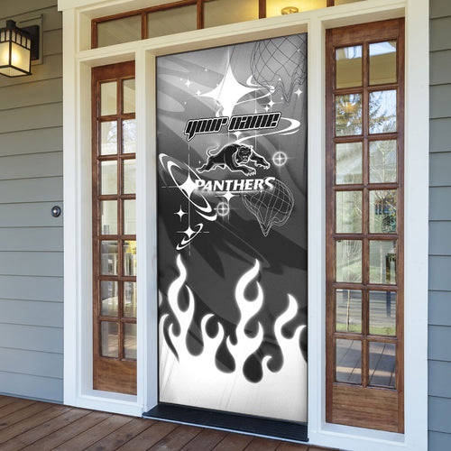 Personalized Penrith Panthers Door Cover Y2K Grunge Aesthetic With Cyber Flames and Starburst Graphics