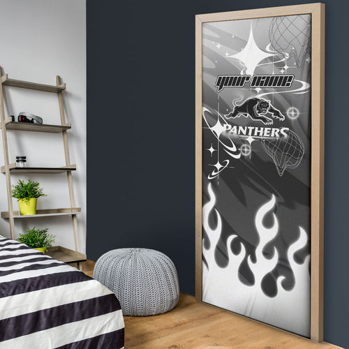 Personalized Penrith Panthers Door Cover Y2K Grunge Aesthetic With Cyber Flames and Starburst Graphics