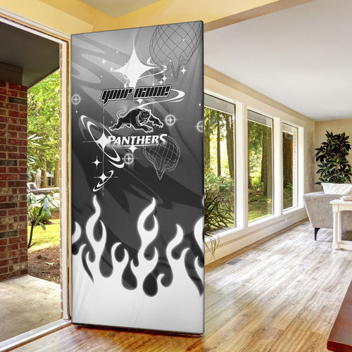 Personalized Penrith Panthers Door Cover Y2K Grunge Aesthetic With Cyber Flames and Starburst Graphics
