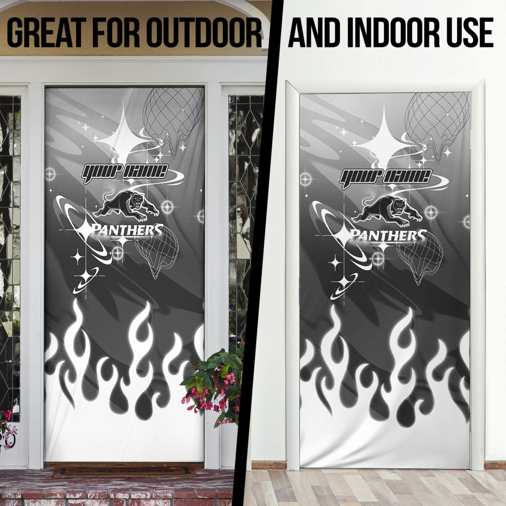 Personalized Penrith Panthers Door Cover Y2K Grunge Aesthetic With Cyber Flames and Starburst Graphics
