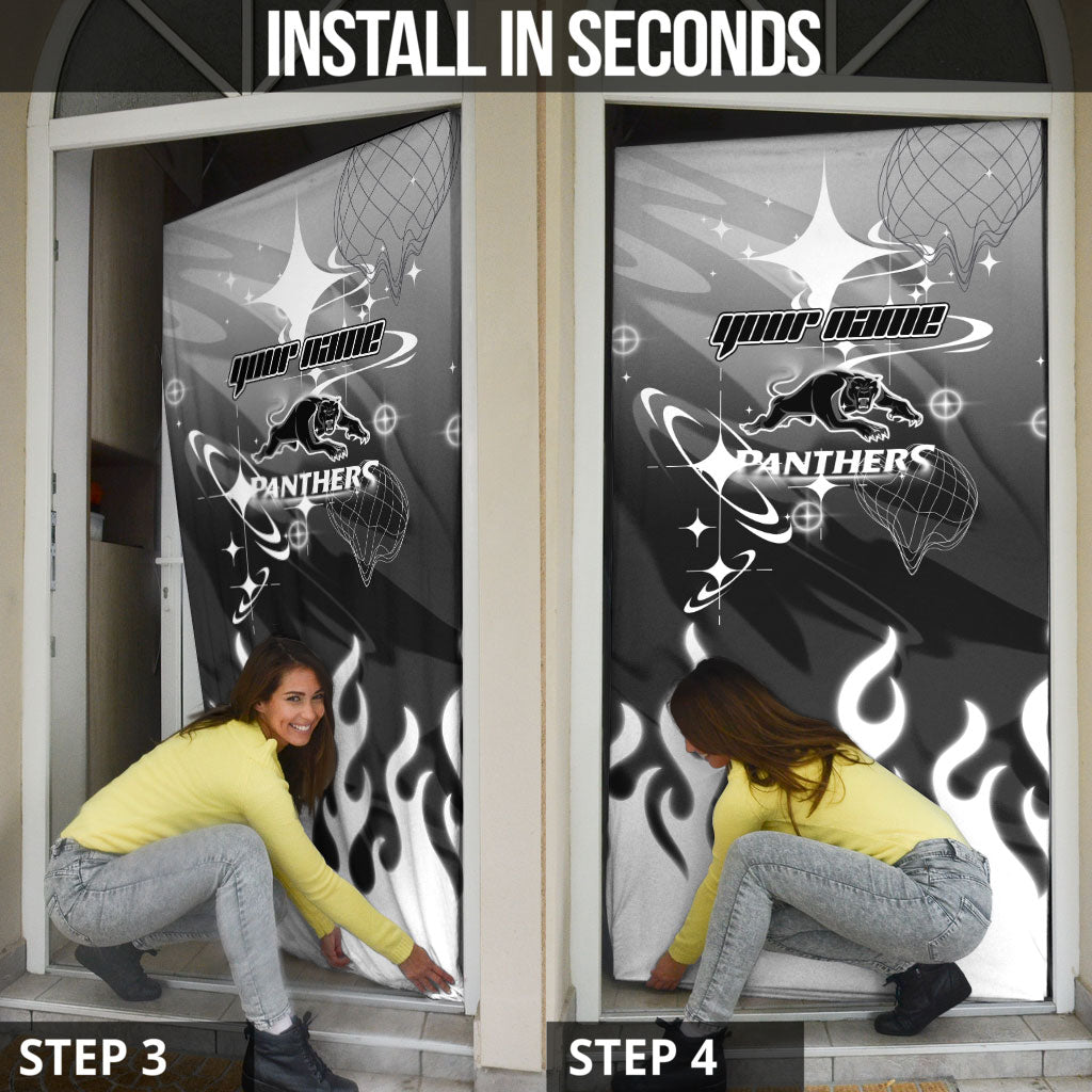 Personalized Penrith Panthers Door Cover Y2K Grunge Aesthetic With Cyber Flames and Starburst Graphics
