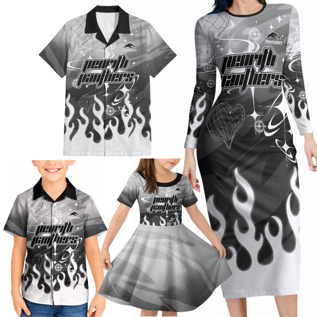 Personalized Penrith Panthers Family Matching Long Sleeve Bodycon Dress and Hawaiian Shirt Y2K Grunge Aesthetic With Cyber Flames and Starburst Graphics