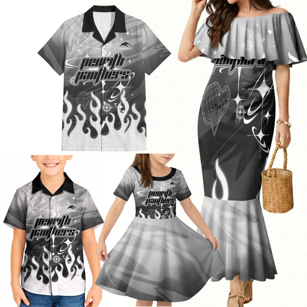 Personalized Penrith Panthers Family Matching Mermaid Dress and Hawaiian Shirt Y2K Grunge Aesthetic With Cyber Flames and Starburst Graphics