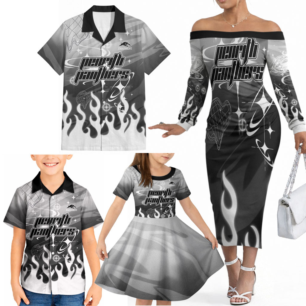 Personalized Penrith Panthers Family Matching Off The Shoulder Long Sleeve Dress and Hawaiian Shirt Y2K Grunge Aesthetic With Cyber Flames and Starburst Graphics