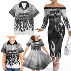 Personalized Penrith Panthers Family Matching Off The Shoulder Long Sleeve Dress and Hawaiian Shirt Y2K Grunge Aesthetic With Cyber Flames and Starburst Graphics
